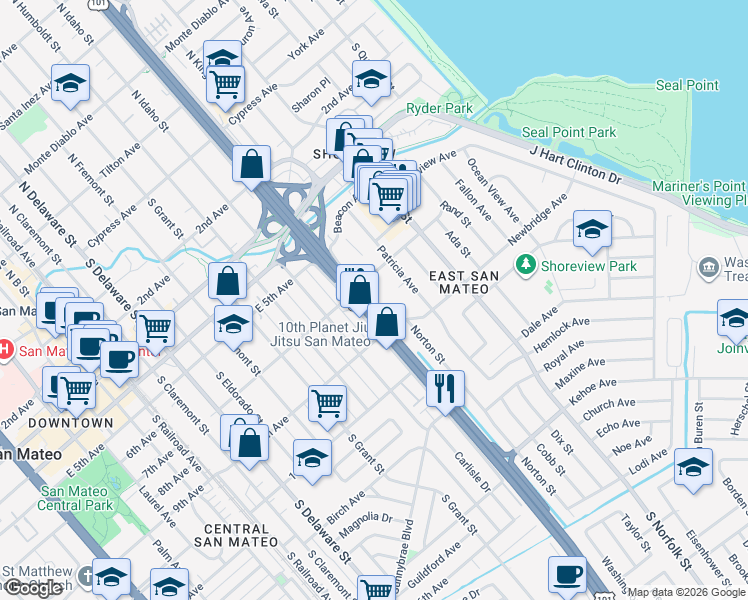map of restaurants, bars, coffee shops, grocery stores, and more near 711 South Bayshore Boulevard in San Mateo