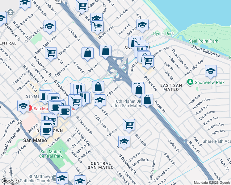 map of restaurants, bars, coffee shops, grocery stores, and more near 1006 East 5th Avenue in San Mateo