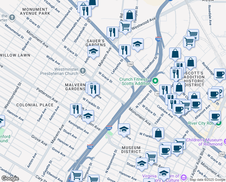 map of restaurants, bars, coffee shops, grocery stores, and more near 3900 Monument Avenue in Richmond