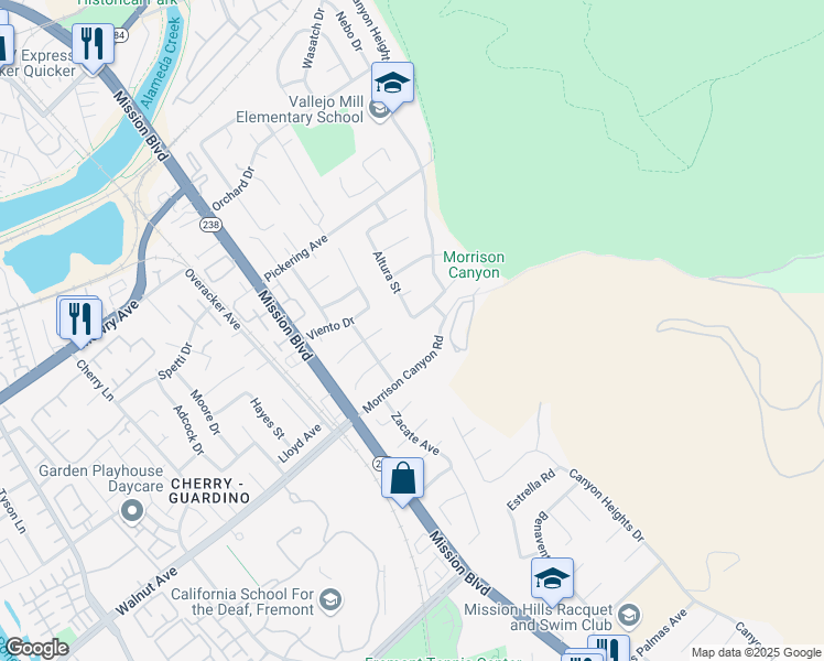 map of restaurants, bars, coffee shops, grocery stores, and more near 38961 Altura Street in Fremont
