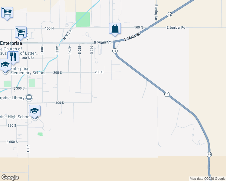 map of restaurants, bars, coffee shops, grocery stores, and more near East 300 South in Enterprise