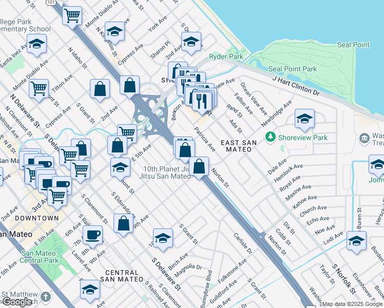 map of restaurants, bars, coffee shops, grocery stores, and more near 711 South Bayshore Boulevard in San Mateo