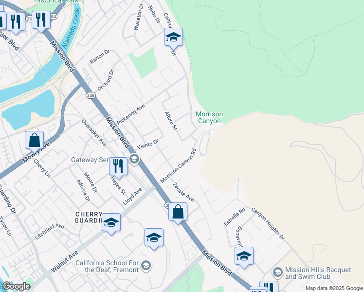 map of restaurants, bars, coffee shops, grocery stores, and more near 38961 Altura Street in Fremont