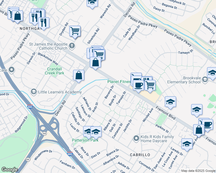 map of restaurants, bars, coffee shops, grocery stores, and more near 35253 Ratto Place in Fremont