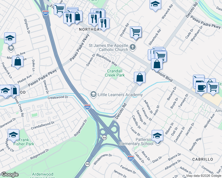 map of restaurants, bars, coffee shops, grocery stores, and more near 4342 Santee Road in Fremont