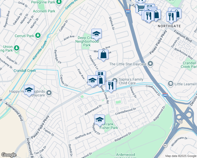 map of restaurants, bars, coffee shops, grocery stores, and more near 4807 Phebe Avenue in Fremont