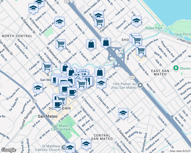 map of restaurants, bars, coffee shops, grocery stores, and more near 301 South Grant Street in San Mateo