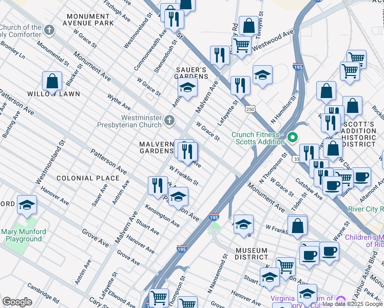 map of restaurants, bars, coffee shops, grocery stores, and more near 4099 Monument Avenue in Richmond