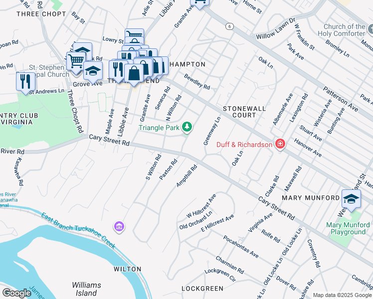 map of restaurants, bars, coffee shops, grocery stores, and more near 5232 Cary Street Road in Richmond