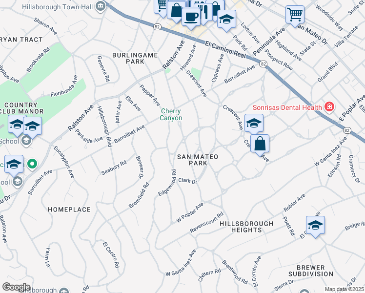 map of restaurants, bars, coffee shops, grocery stores, and more near 635 Occidental Avenue in San Mateo