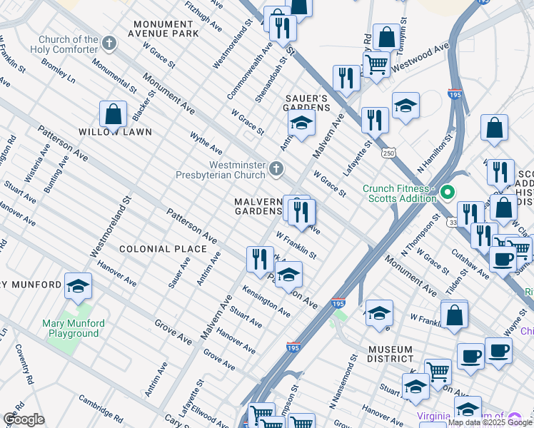 map of restaurants, bars, coffee shops, grocery stores, and more near 4105 Bromley Lane in Richmond