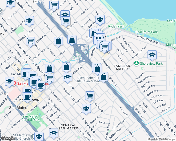 map of restaurants, bars, coffee shops, grocery stores, and more near 607 South Idaho Street in San Mateo
