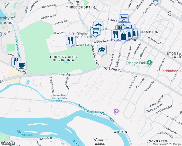 map of restaurants, bars, coffee shops, grocery stores, and more near 5 River Road in Richmond