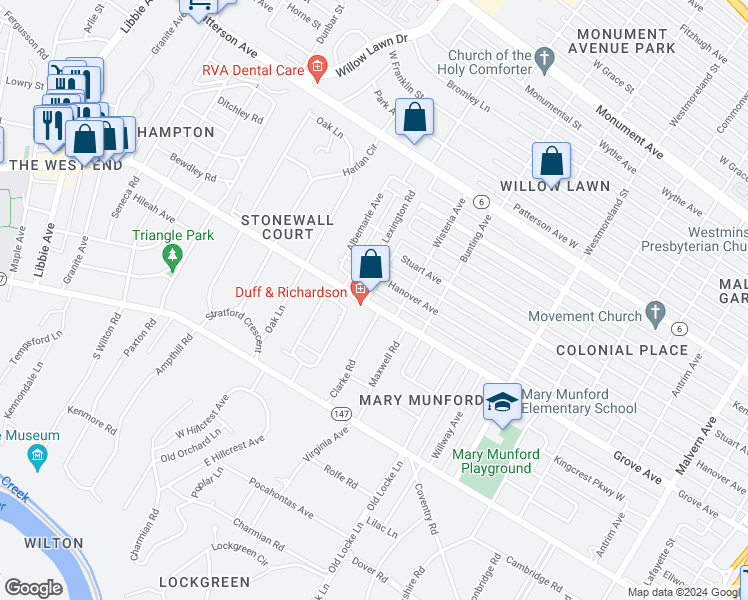 map of restaurants, bars, coffee shops, grocery stores, and more near 4816 Grove Avenue in Richmond