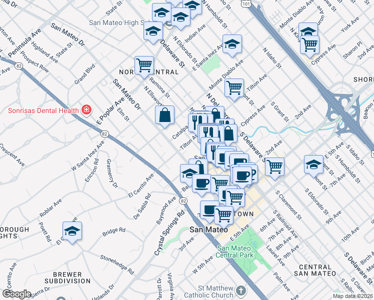 map of restaurants, bars, coffee shops, grocery stores, and more near 225 Tilton Avenue in San Mateo