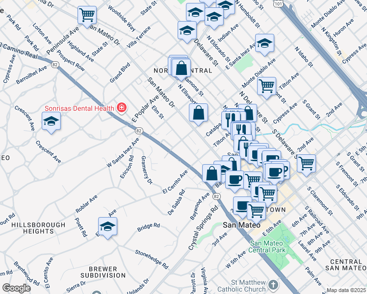 map of restaurants, bars, coffee shops, grocery stores, and more near 25 Monte Diablo Avenue in San Mateo