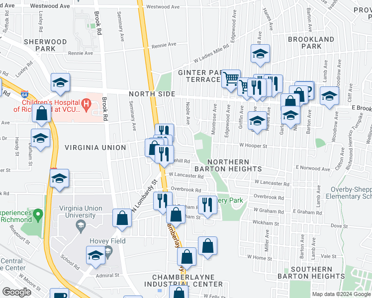 map of restaurants, bars, coffee shops, grocery stores, and more near 2804 Dupont Circle in Richmond