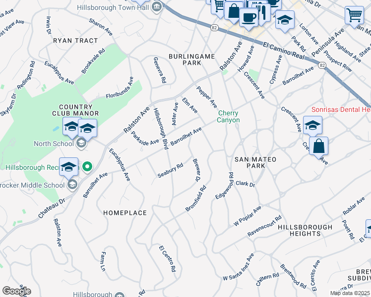 map of restaurants, bars, coffee shops, grocery stores, and more near 715 Brewer Drive in Hillsborough