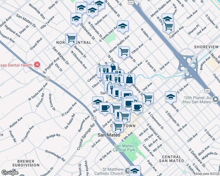 map of restaurants, bars, coffee shops, grocery stores, and more near North B Street in San Mateo