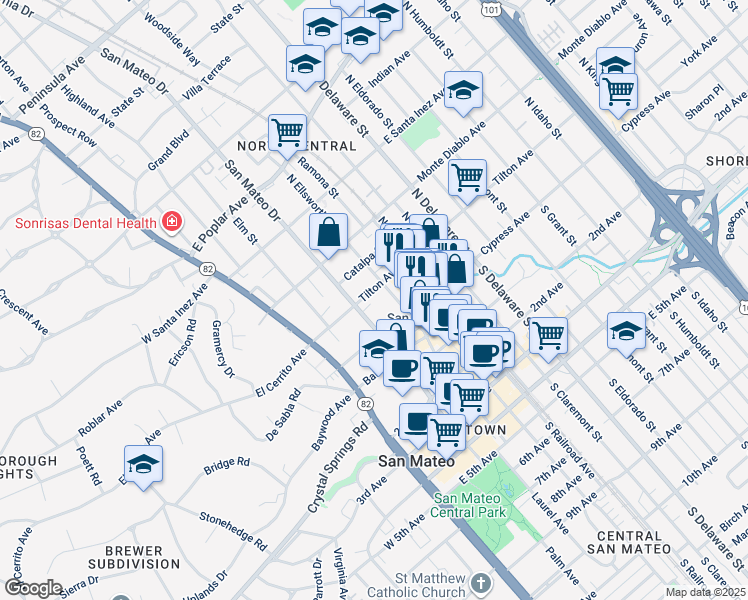map of restaurants, bars, coffee shops, grocery stores, and more near 218 Tilton Avenue in San Mateo