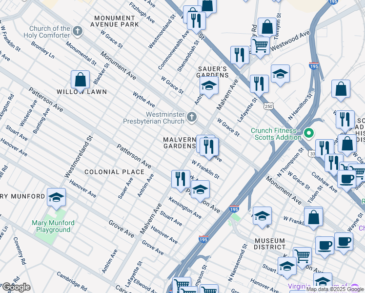 map of restaurants, bars, coffee shops, grocery stores, and more near 4109 Bromley Lane in Richmond