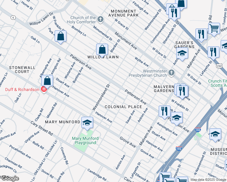 map of restaurants, bars, coffee shops, grocery stores, and more near 4508 Leonard Parkway in Richmond
