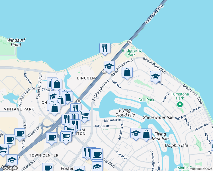 map of restaurants, bars, coffee shops, grocery stores, and more near 1999 Beach Park Boulevard in Foster City