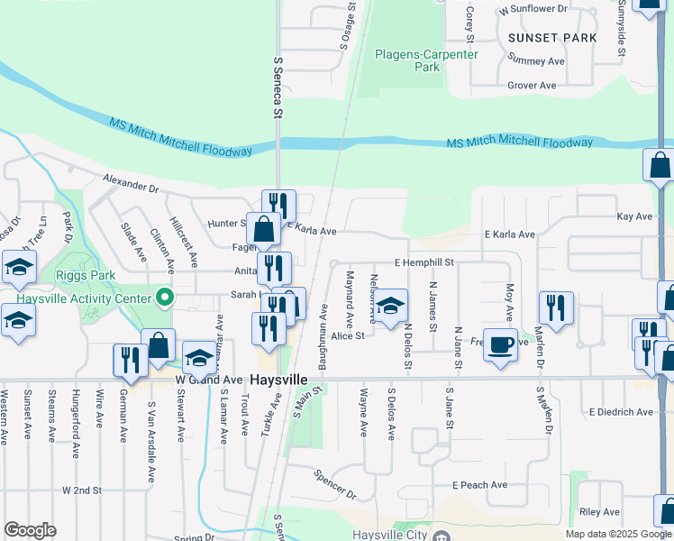 map of restaurants, bars, coffee shops, grocery stores, and more near 330 Baughman Avenue in Haysville