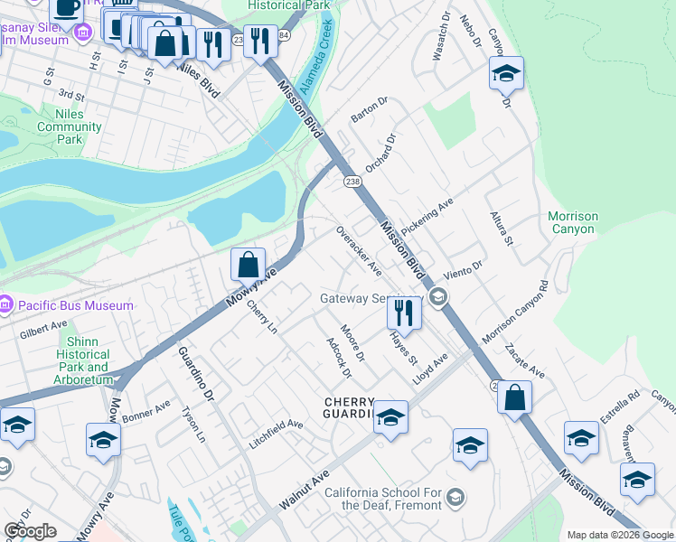 map of restaurants, bars, coffee shops, grocery stores, and more near 38570 McDole Terrace in Fremont