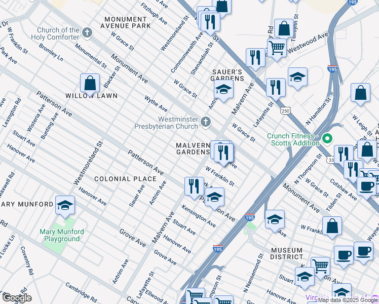 map of restaurants, bars, coffee shops, grocery stores, and more near in Richmond