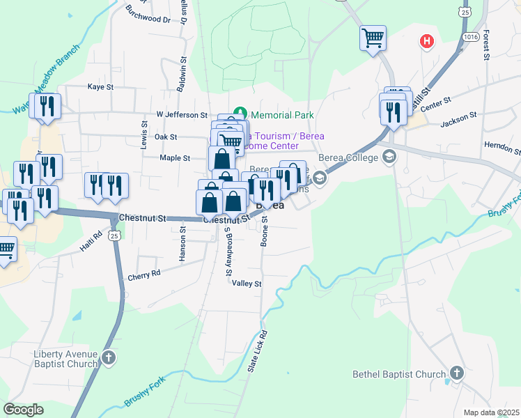 map of restaurants, bars, coffee shops, grocery stores, and more near 101 Fee Street in Berea