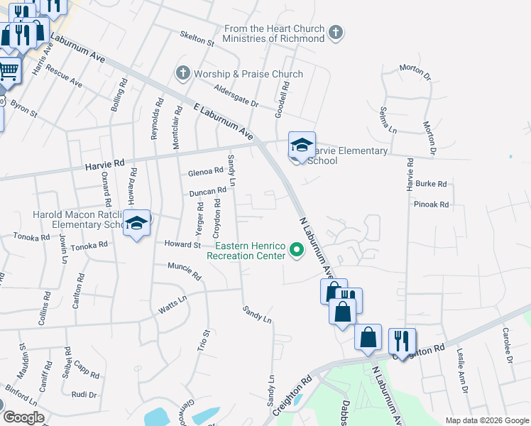 map of restaurants, bars, coffee shops, grocery stores, and more near 3246 Hunters Mill Drive in Richmond