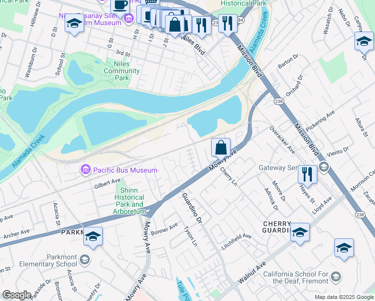 map of restaurants, bars, coffee shops, grocery stores, and more near 611 Muirfield Terrace in Fremont