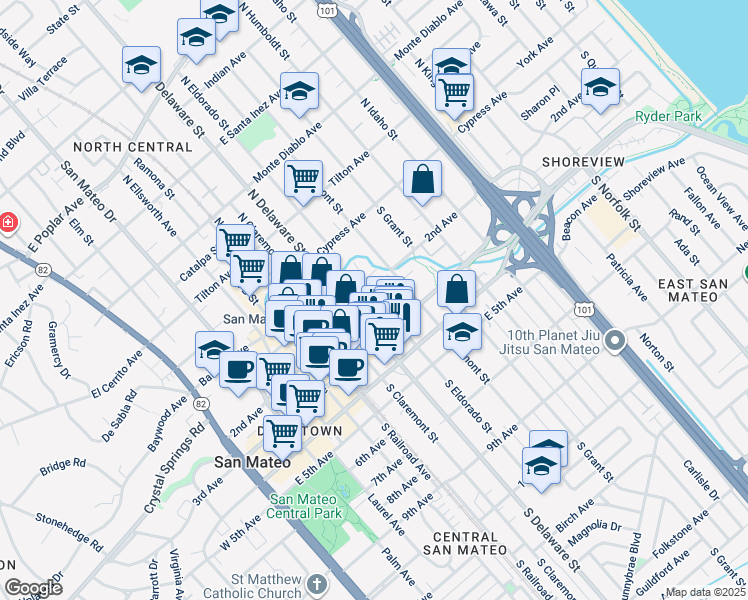 map of restaurants, bars, coffee shops, grocery stores, and more near 700 1st Avenue in San Mateo