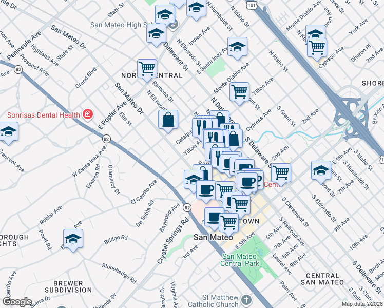 map of restaurants, bars, coffee shops, grocery stores, and more near 225 Tilton Avenue in San Mateo