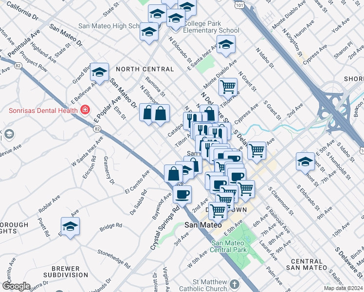 map of restaurants, bars, coffee shops, grocery stores, and more near 225 Tilton Avenue in San Mateo