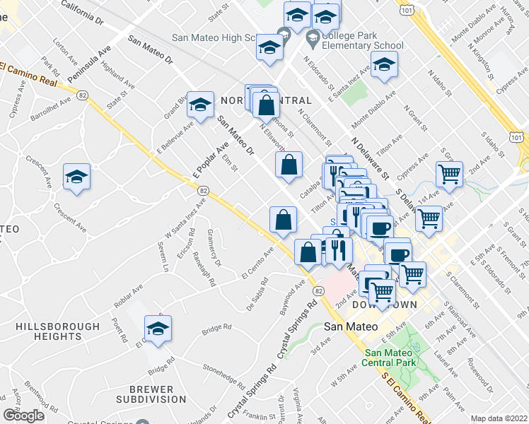 map of restaurants, bars, coffee shops, grocery stores, and more near 25 Monte Diablo Avenue in San Mateo