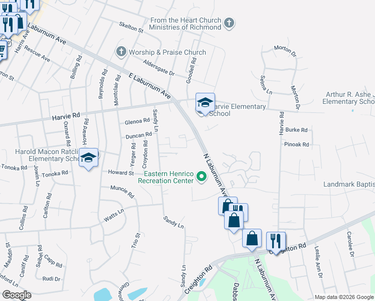 map of restaurants, bars, coffee shops, grocery stores, and more near 3246 Hunters Mill Drive in Richmond