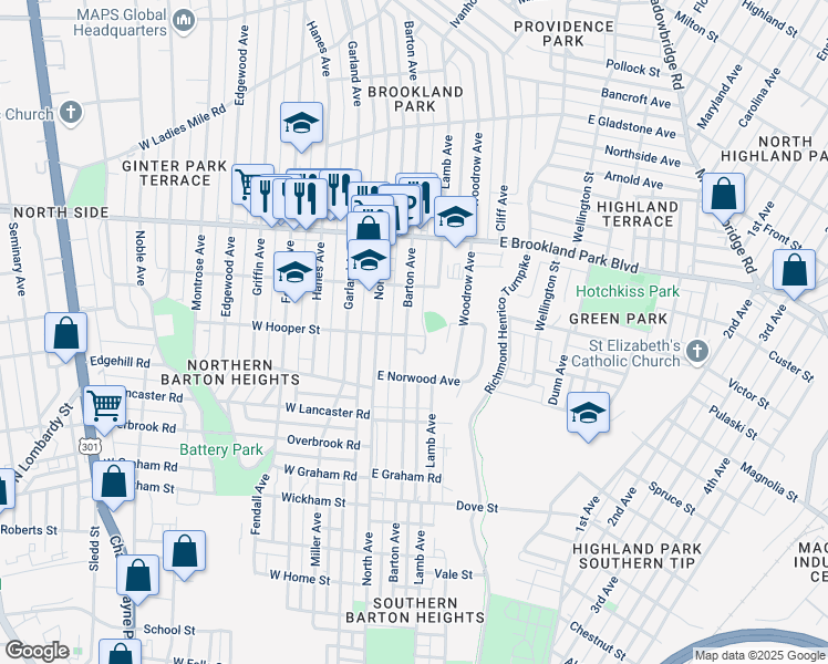 map of restaurants, bars, coffee shops, grocery stores, and more near 2807 Barton Avenue in Richmond