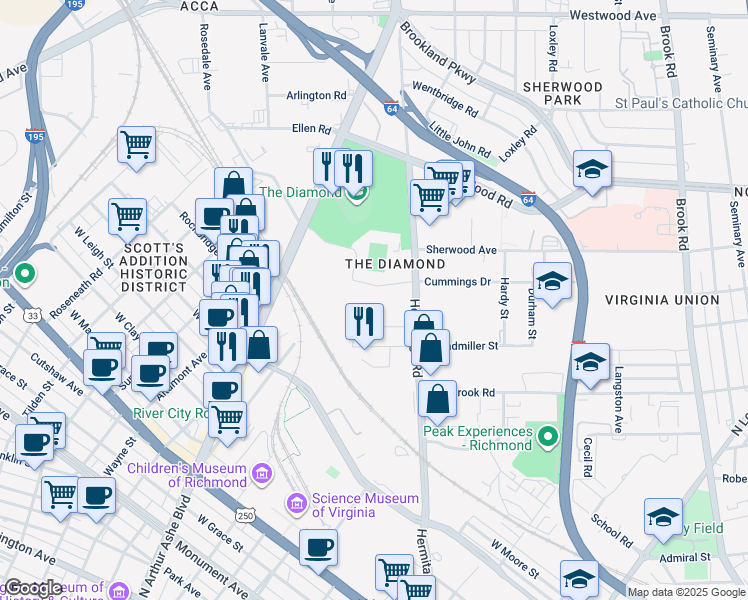 map of restaurants, bars, coffee shops, grocery stores, and more near Avenue of Champions in Richmond