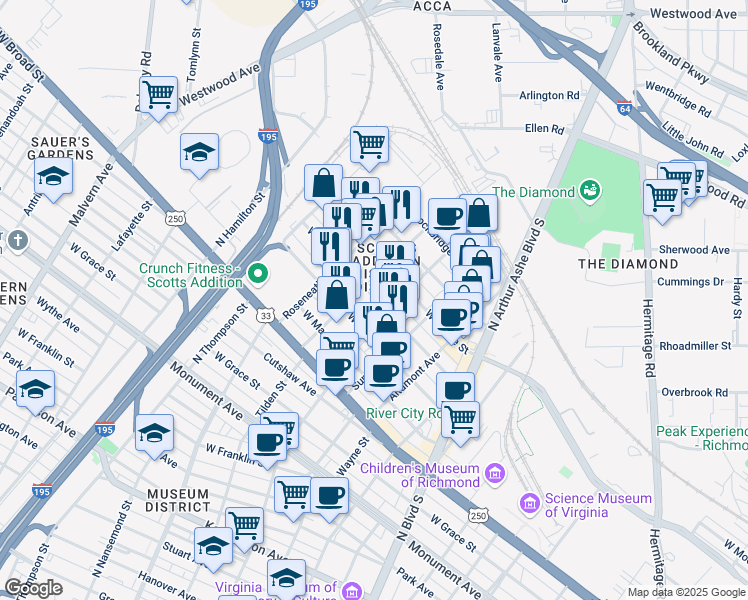 map of restaurants, bars, coffee shops, grocery stores, and more near in Richmond