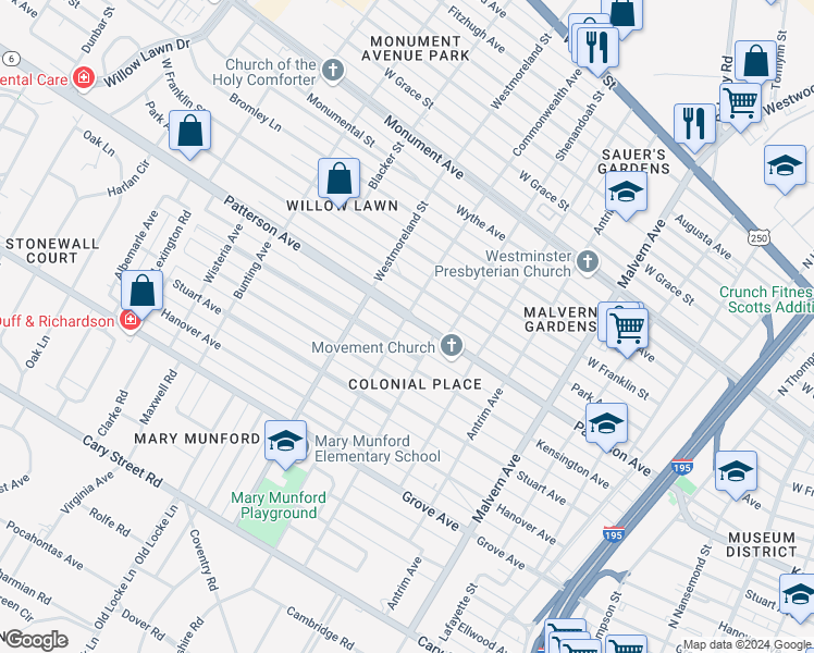 map of restaurants, bars, coffee shops, grocery stores, and more near 4418 Patterson Avenue in Richmond