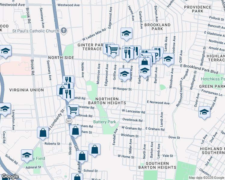 map of restaurants, bars, coffee shops, grocery stores, and more near 2722 Griffin Avenue in Richmond