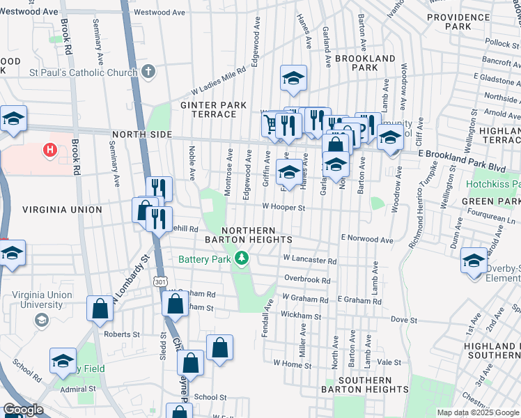 map of restaurants, bars, coffee shops, grocery stores, and more near 2722 Griffin Avenue in Richmond