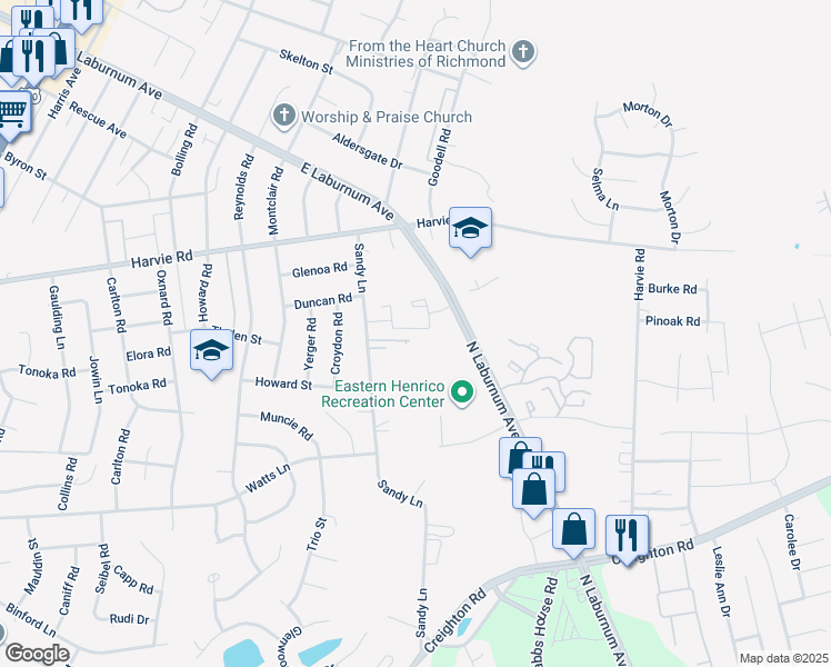 map of restaurants, bars, coffee shops, grocery stores, and more near 3233 Hunters Mill Drive in Richmond