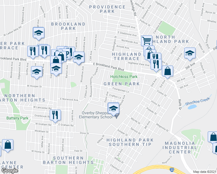map of restaurants, bars, coffee shops, grocery stores, and more near 2799 Dunn Avenue in Richmond