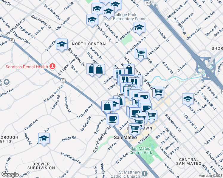 map of restaurants, bars, coffee shops, grocery stores, and more near 218 Tilton Avenue in San Mateo