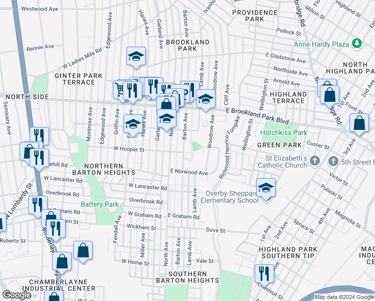 map of restaurants, bars, coffee shops, grocery stores, and more near 2801 Barton Avenue in Richmond