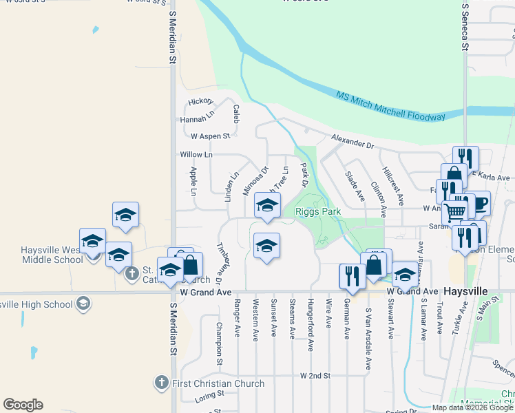 map of restaurants, bars, coffee shops, grocery stores, and more near 313 Peach Tree Ln in Haysville