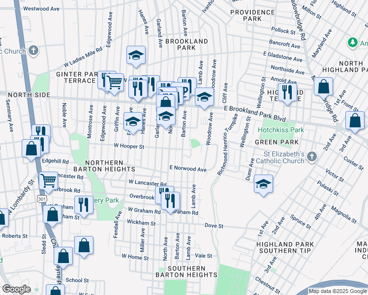 map of restaurants, bars, coffee shops, grocery stores, and more near 2801 Barton Avenue in Richmond